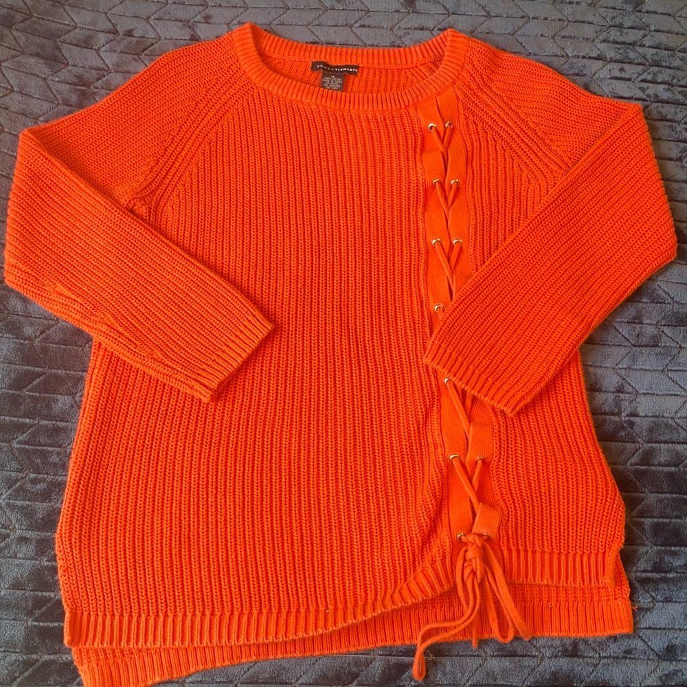 Grace Elements Thick Warm Knitted Orange Sweater with Lace Up Detail